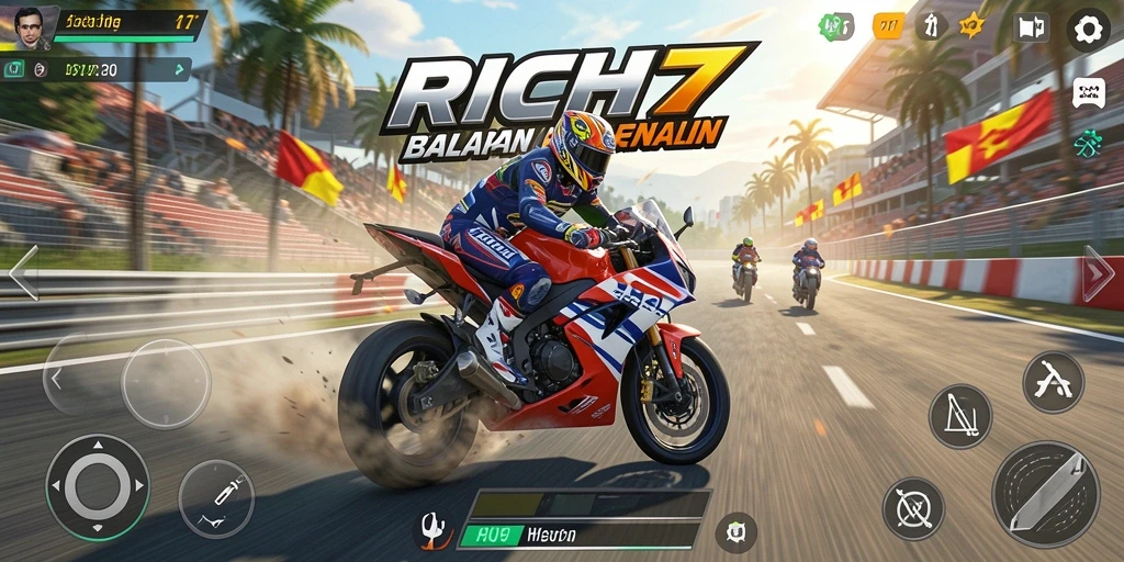 Gameplay seru RICH7 dengan balapan motor yang mendebarkan.