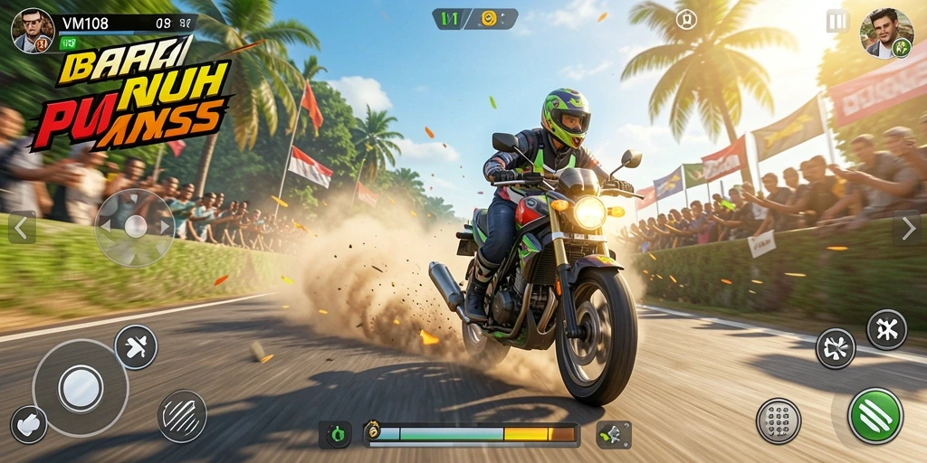 Screenshot gameplay yang menampilkan balapan motor yang intens.